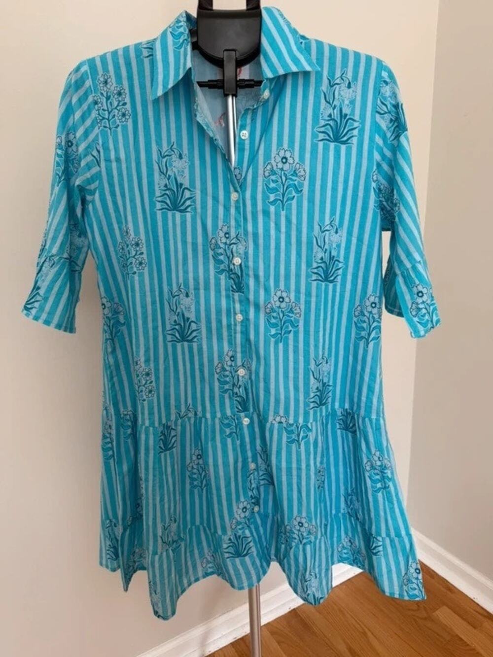 Victoria Dunn Sierra Mini Shirt Dress Blue Quartz Striped Floral NWT Medium M